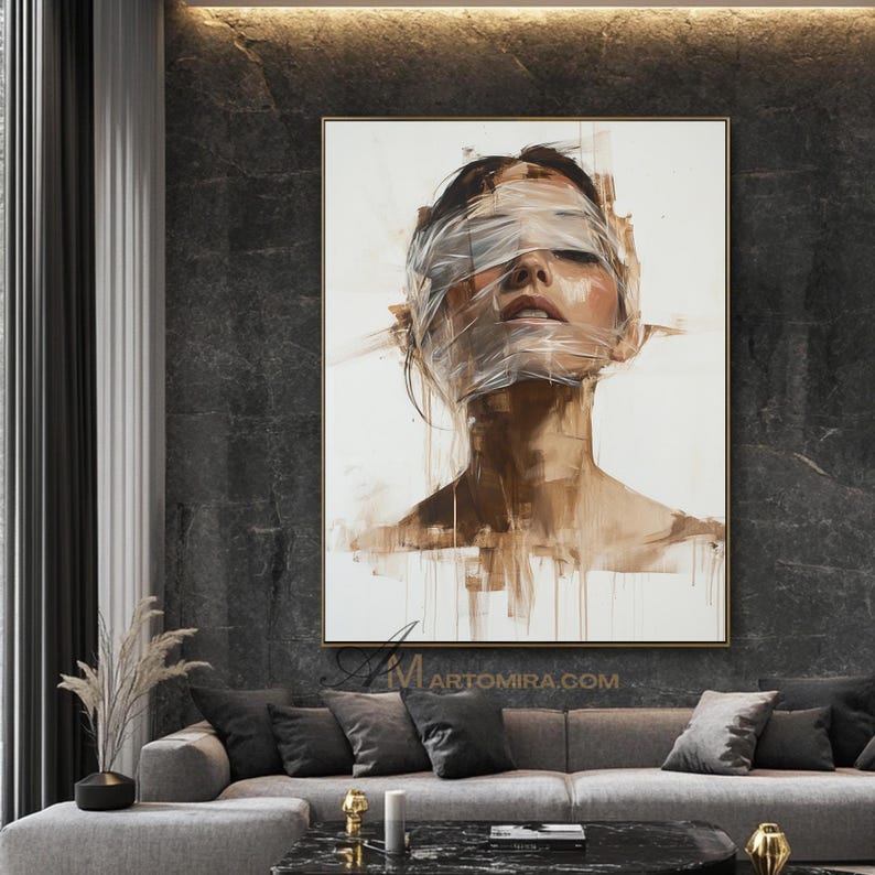 May include: An abstract portrait painting of a person with their eyes and mouth covered in a translucent material. The artwork features a neutral color palette with shades of brown and white, and is framed in gold.