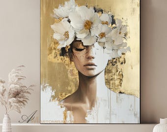 Woman Head Flowers Wall Art Gold Woman Art Abstract Woman Art Print Woman Portrait Painting Digital Download Feminine Wall Art For Bedroom