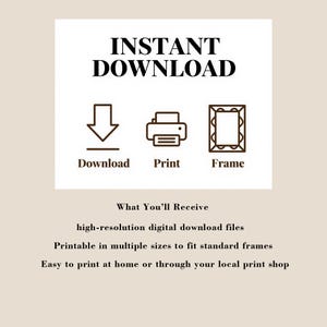 May include: A digital download graphic with the words "INSTANT DOWNLOAD" at the top. Below are icons for download, print, and frame. Text below the icons describes the product as high-resolution digital download files, printable in multiple sizes, and easy to print.