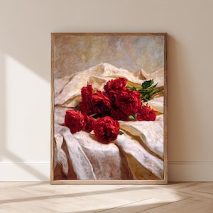 Pintura al óleo floral de peonías rosas, jarrón de cerámica azul, arte campestre inglés, decoración elegante de primavera, decoración Light Academia, descarga digital clásica