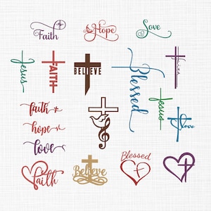 Peut inclure: Plusieurs motifs à thème religieux avec des mots tels que « Foi », « Espoir », « Amour », « Jésus » et « Béni ». Les motifs comprennent des croix, des cœurs et des écritures décoratives dans diverses couleurs, comme le rouge, le vert et le marron, sur fond blanc.