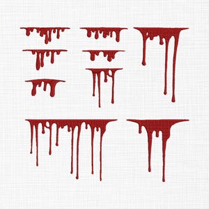 May include: A collection of red, stylized blood drips in various sizes and lengths. The designs are set against a white background, creating a stark contrast. The drips have a textured appearance, suggesting a realistic effect.