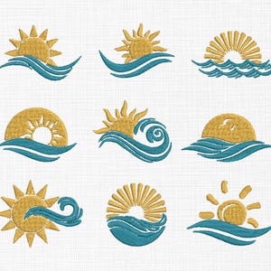 May include: Nine embroidered designs featuring a yellow sun and teal waves. The suns vary in shape, with some having rays and others appearing as a half-circle or full circle. The waves are stylized, adding a nautical theme.