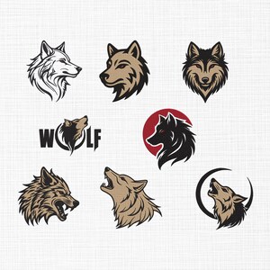 Puede incluir: Colección de ilustraciones de cabezas de lobo en varios estilos. Los diseños presentan arte lineal detallado y rellenos de color sólido en negro, marrón y beige. Algunos diseños incluyen un círculo rojo o una luna creciente negra.
