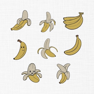 May include: A collection of cartoon-style illustrations of bananas in various states: peeled, partially peeled, and whole. The bananas are yellow with tan and cream-colored accents, and some have smiling faces.