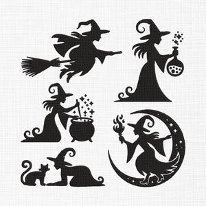 May include: Black silhouette illustrations of witches in various poses. One witch flies on a broom, another holds a potion, a third stirs a cauldron, a fourth sits with a cat, and the last stands on a crescent moon.