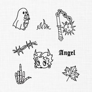 May include: Black and white line art illustrations of various designs, including a ghost holding a cat, flames, a spiked mace, barbed wire, Betty Boop, a skeleton hand giving the middle finger, a maple leaf, and the word "Angel".