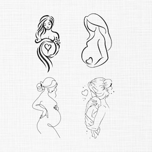 Pode incluir: Quatro ilustrações em preto e branco de pessoas grávidas. As imagens retratam diferentes poses, incluindo uma pessoa acariciando a barriga e uma pessoa segurando um bebê. Cada imagem tem um estilo minimalista com foco na silhueta.