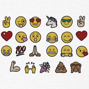 Puede incluir: Una colección de parches bordados con emojis. Incluyen caras sonrientes amarillas con diferentes expresiones, un unicornio, un corazón rojo y gestos con las manos. Los parches están sobre un fondo de tela blanca.