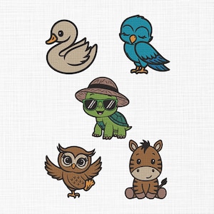 May include: A collection of five cartoon animal designs: a duck, a bird, a turtle wearing sunglasses and a hat, an owl, and a zebra. Each animal is outlined in black with varying colors, including tan, blue, green, brown, and white.