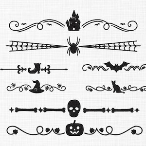 May include: Black and white Halloween-themed decorative borders. The image features various designs, including a spider web, a castle, a witch's hat, a cat, a skull, and a pumpkin. These elements are arranged in horizontal lines, suitable for crafting projects.