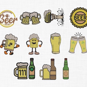 Może przedstawiać: Kolekcja haftowanych wzorów o tematyce piwnej. Zawiera logo "Professional Beer Taster", kufle do piwa, szklanki do piwa i butelki piwa. Wzory charakteryzują się kolorami żółtym, brązowym i zielonym, z ilustracjami w stylu kreskówkowym.