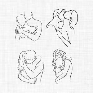 Puede incluir: Cuatro ilustraciones en línea negra de parejas abrazándose y besándose. Las imágenes son minimalistas, representando figuras en varias poses íntimas. La obra de arte está sobre un fondo blanco, enfatizando la simplicidad de los dibujos lineales.