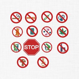 Puede incluir: Un bordado con círculos rojos con varios símbolos en su interior, como un cigarrillo, una jeringa y pastillas, y un octágono rojo con la palabra 'STOP'. Los símbolos son de varios colores.