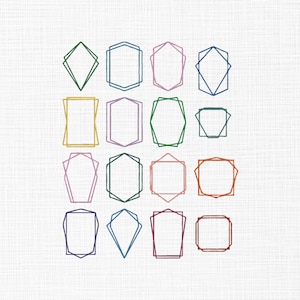 Può includere: Una collezione di design di cornici geometriche colorate in varie forme, tra cui diamanti, rettangoli ed esagoni. Le cornici sono delineate in tonalità di verde, blu, rosa, giallo, viola e arancione, su sfondo bianco.