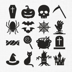 May include: Black Halloween-themed illustrations on a white background. The image features a coffin, jack-o'-lantern, skull, scythe, spider, bats, spiderweb, zombie hand, candy, lollipop, cauldron, tombstone, witch hat, cat, spooky tree, and haunted house.