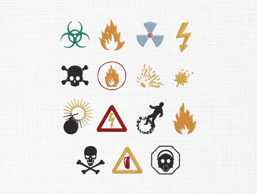Danger Symbols Embroidery Design Set, Explosion Sign, Hazard Icons ...