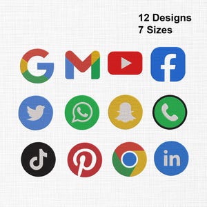 Puede incluir: Una colección de doce iconos bordados de redes sociales y navegadores web dispuestos en tres filas. Los iconos incluyen Google, Gmail, YouTube, Facebook, Twitter, WhatsApp, Snapchat, teléfono, TikTok, Pinterest, Chrome y LinkedIn. El texto dice 12 Designs 7 Sizes.