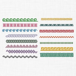 Pode incluir: Uma coleção de designs de bordas decorativas em várias cores, incluindo verde, rosa, azul, roxo e dourado. As bordas apresentam padrões geométricos e de ondas, adequados para projetos de artesanato ou design.