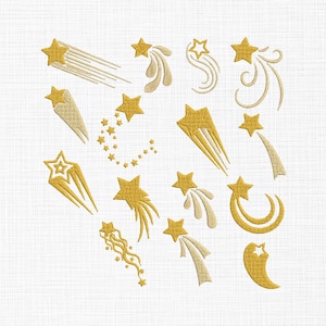 Op de afbeelding: Een verzameling gouden en crèmekleurige sterontwerpen, waaronder vallende sterren en sterrenexplosies, op een witte achtergrond. De sterren variëren in vorm en stijl, met sommige met sleepsporen en andere met gebogen accenten. Geschikt voor borduurwerk of digitale kunst.