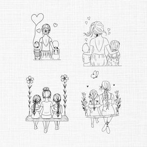 Può includere: Quattro illustrazioni in bianco e nero di madri e bambini. Una mostra una madre e due bambini con un palloncino a forma di cuore. Un'altra mostra una madre e due bambini. Le altre due mostrano madri e bambini sulle altalene.
