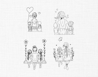 Mother and Children Line Art Embroidery Designs: Minimalist Mom Sketches