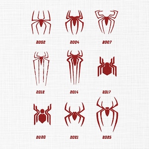 May include: A white background displays nine red spider emblems, each with a unique design, accompanied by the years 2002, 2004, 2007, 2012, 2014, 2017, 2020, 2021, and 2025. The spider logos vary in style, from detailed to minimalist.