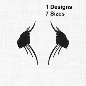 May include: Black embroidered design featuring two symmetrical abstract shapes with elongated lines, set against a white background. The text "1 Designs 7 Sizes" is displayed above the design. This design is suitable for embroidery projects.