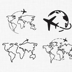 Könnte beinhalten: Vier schwarz-weiße Illustrationen zum Thema Reisen. Jedes Design zeigt eine Weltkarte und ein Flugzeug mit verschiedenen Flugrouten. Die Bilder sind einfache Strichzeichnungen, ideal für Reisebegeisterte.