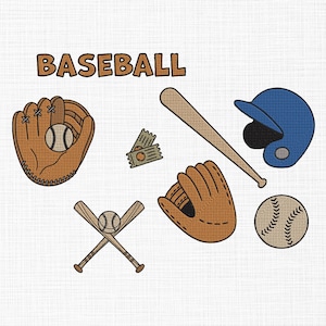 May include: An illustration featuring baseball equipment. The word "BASEBALL" is at the top. Included are a baseball glove with a ball, crossed bats with a ball, a bat, a blue helmet, a baseball, and two tickets.
