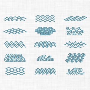 Puede incluir: Una colección de diseños de olas de color turquesa sobre un fondo blanco. Los diseños varían en estilo, incluyendo líneas simples, rizos detallados y patrones interconectados. La imagen muestra una variedad de elementos gráficos o de bordado con temática oceánica.