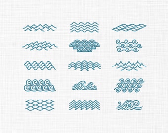 Ensemble de motifs de broderie vagues océaniques, dessin au trait vagues, motifs de points nautiques, motifs de broderie vagues de la mer, broderie vagues