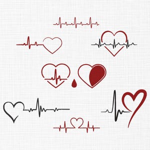 May include: A collection of red and black heart and heartbeat graphics. The designs include heart shapes with integrated heartbeat lines, and standalone heartbeat patterns. The graphics are set against a white textured background.