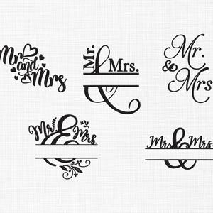 Op de afbeelding: Vijf zwarte cursieve ontwerpen met de woorden "Mr. en Mrs." op een witte achtergrond. De ontwerpen bevatten harten, ampersands en decoratieve krullen. Perfect voor bruiloftsdecoratie of knutselen.