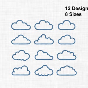 Puede incluir: Doce contornos de nubes bordados en azul dispuestos en una cuadrícula. El texto 12 Design 8 Sizes está impreso en negro en la esquina superior derecha. Cada nube presenta una forma distinta con bordes redondeados en estilo lineal.