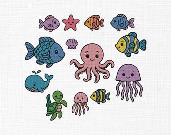 Sea animals Embroidery Design, Mini sea animals bundle embroidery, Cute animals embroidery design, Kids and Ocean Creatures Embroidery