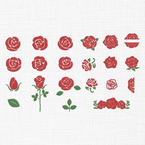 May include: A collection of red rose illustrations in various stages of bloom, from buds to full blossoms, with green leaves and stems. The designs are arranged on a white background, suitable for embroidery or crafting projects.