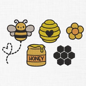 May include: Embroidered bee-themed designs including a bee, a beehive with a heart, a flower, a jar of honey with the word "HONEY", and a honeycomb. The bee has yellow and black stripes with gray wings. The designs are on a white background.