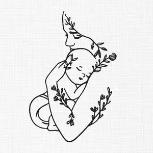 May include: A black line drawing depicting a mother and child, adorned with floral elements. The mother's profile is visible, cradling the baby. The image is set against a white backdrop.