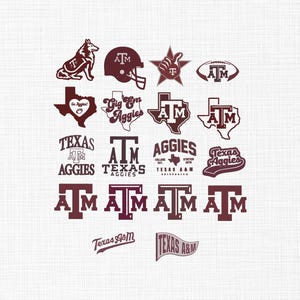 May include: A collection of maroon Texas A&M University graphic designs featuring the ATM logo, a mascot, a football helmet, a star, the state of Texas, and text including Gig Em Aggies, Texas Aggies, and College Station, arranged in a grid.