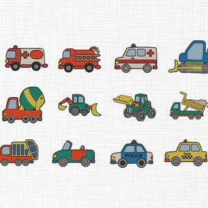 Puede incluir: Colección de ilustraciones de vehículos de estilo caricatura en colores brillantes. El conjunto incluye una ambulancia, un camión de bomberos, una hormigonera y otros vehículos de construcción y emergencia. Cada vehículo está delineado en oscuro.