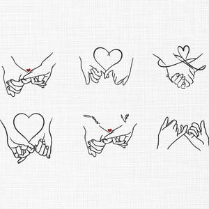 Könnte beinhalten: Sechs Strichzeichnungen von Händen in verschiedenen Anordnungen. Die Designs umfassen Hände, die sich am kleinen Finger halten, Herzen bilden und ineinander verschlungen sind, mit kleinen roten Herzen und dem Wort "amor" in einem Design. Die Kunst ist in schwarzen Linien auf weißem Hintergrund.