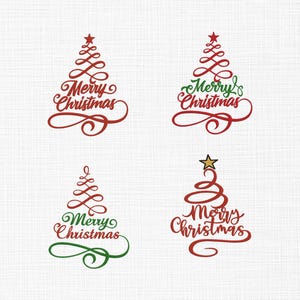 May include: Four Christmas-themed designs on a white background. Each design features a stylized Christmas tree with the words "Merry Christmas" in a decorative script. The tree and text colors are red and green.