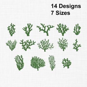 Puede incluir: Catorce diseños de coral verde de varias formas y tamaños se muestran sobre un fondo blanco texturizado. El texto "14 Designs 7 Sizes" está en la parte superior. Estos diseños son adecuados para proyectos de bordado o artesanía.