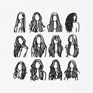 Peut inclure: Douze illustrations au trait noir de femmes avec différentes coiffures. Les dessins présentent différentes longueurs et textures de cheveux, notamment des styles raides, ondulés et bouclés. Les figures sont représentées des épaules vers le haut, avec des traits du visage simples.