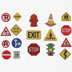 以下が含まれることがあります： 刺繍された道路標識のコレクション。赤い停止標識、黄色の「SLOW」標識、緑色の信号機が含まれています。 その他の標識には、駐車禁止標識、「ROAD ENDS」標識、歩行者用横断歩道標識などがあります。