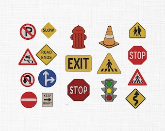 Road Sign Embroidery Design Set, Traffic Signs embroidery, Traffic embroidery,Stop Sign, Caution, Street Symbols Machine Embroidery Patterns