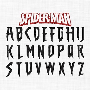 May include: Black, stylized alphabet set with the word "SPIDER-MAN" in red and white above. The letters are jagged and bold, perfect for themed crafts or designs. The letters are arranged in rows.
