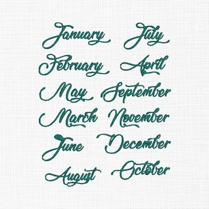 Peut inclure: Fond blanc avec les noms des mois en police script teal. Les mois sont disposés en deux colonnes : janvier, février, mai, mars, juin et août à gauche, et juillet, avril, septembre, novembre, décembre et octobre à droite.