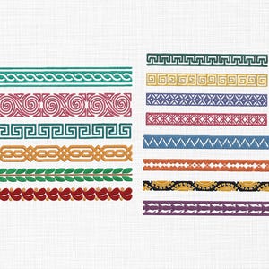 May include: A collection of colorful, embroidered border designs. The borders feature various geometric and floral patterns in shades of green, red, gold, blue, and purple. These decorative elements are suitable for craft projects.